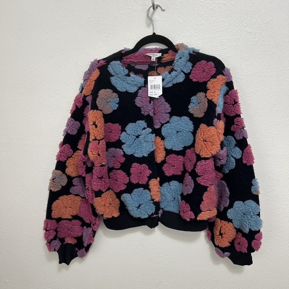 Polagram Black Colorful Sherpa Floral Teddy bear Bomber Jacket Boho Size M READ